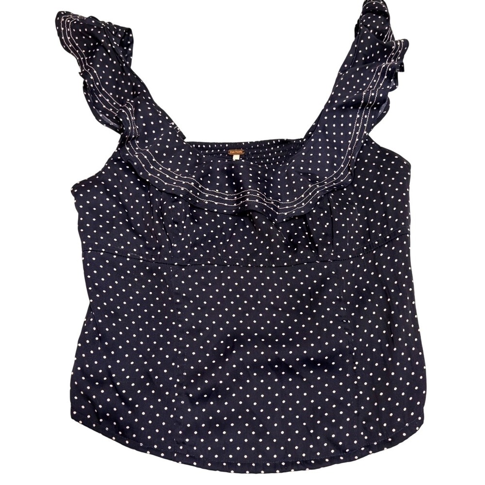 Free People Navy Blue Polka Dot Ruffle Smocked Back Side Zip Top XS